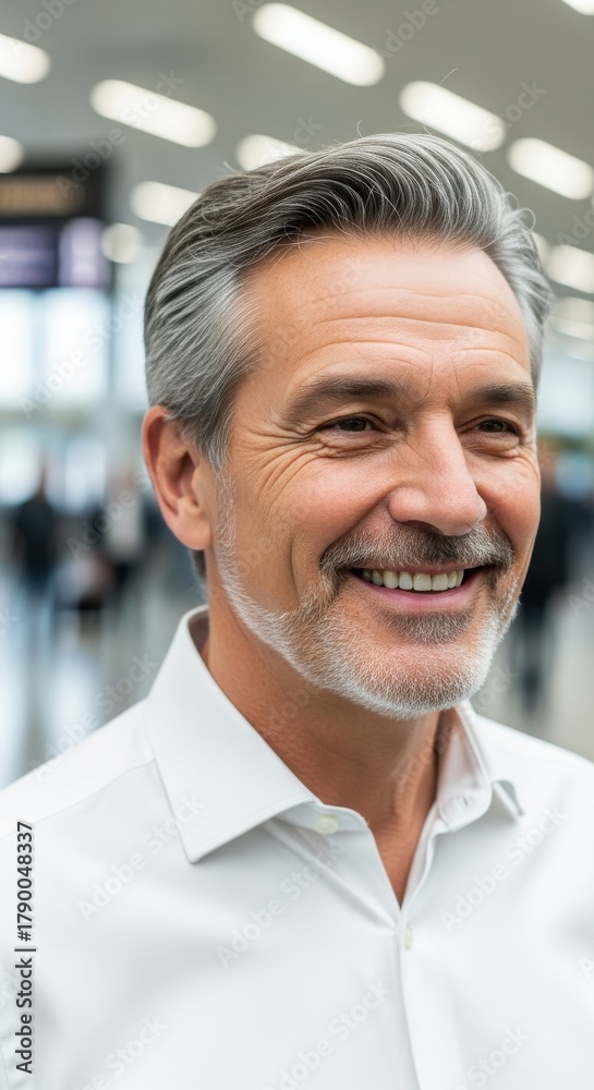 Fototapeta premium Smiling man in a white shirt at a busy airport during the day