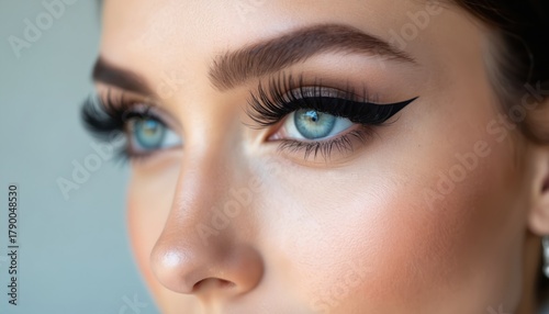 Close up of beautiful woman eyes with long eyelashes and black eyeliner. She has clear skin and blue eyes. Perfect makeup for any beauty concept or cosmetic ad.