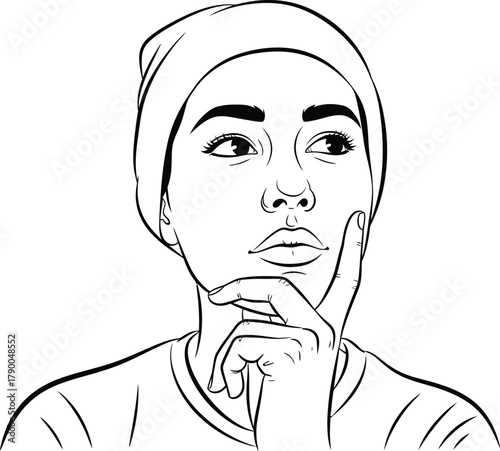 A thoughtful young woman with a beanie is depicted in a black and white line drawing, her hand gently touching her chin as she gazes off to the side