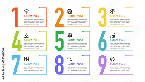 Nine colorful numbers or figures and rectangular elements or cards with place for text. Infographic design template. Creative vector illustration for business options, steps, processes.