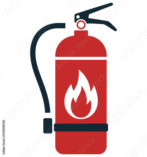 Fire extinguisher with flame icon, red safety equipment symbolizing emergency preparedness, firefighting tool, prevention, and home or industrial fire protection concept