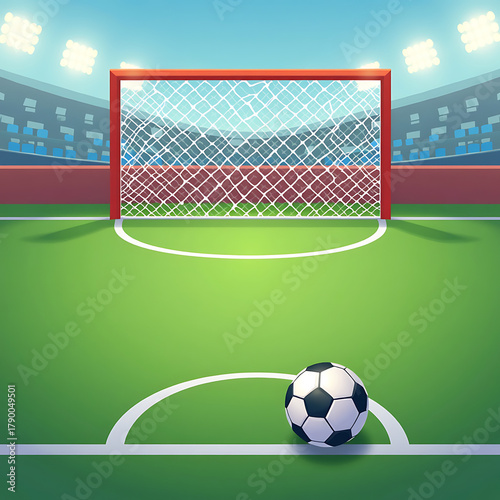 Soccer ball in front of a goal on a stadium field with lights