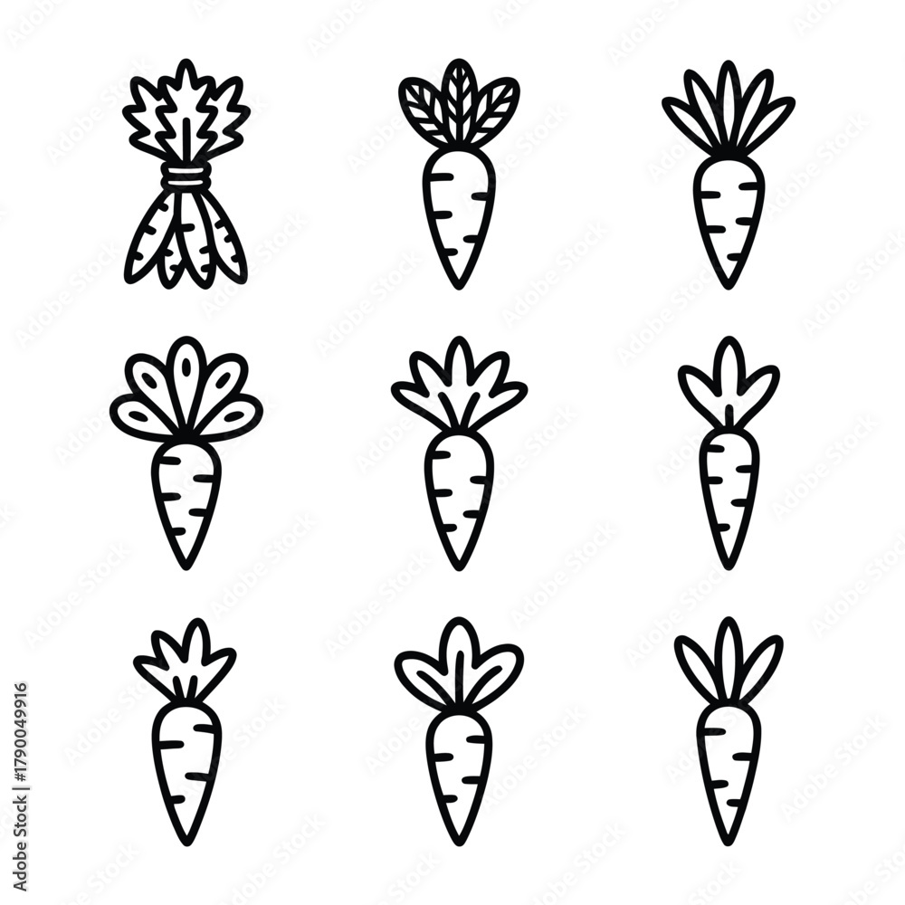 Fototapeta premium Nine variations of a simple black outline carrot icon on white Keywords: carrot, vegetable, food