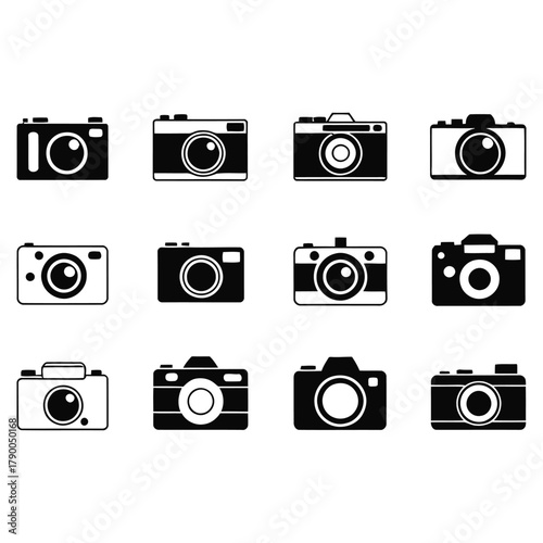 Collection of twelve camera icons in black and white