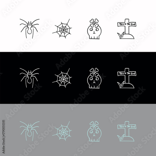 Creepy Crawly & Skeleton Line Art Icons (Spider, Web, Skull)