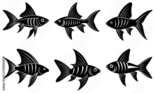 Elegant goldfish silhouettes swimming together, perfect for minimalist designs and aquatic themes, originally a scalable vector graphic, ideal for branding