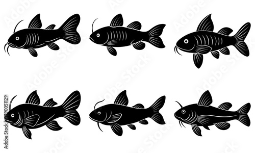 Elegant shoal of catfish swimming, a minimalist aquatic design for a modern logo or natural history art print, originally a scalable vector graphic