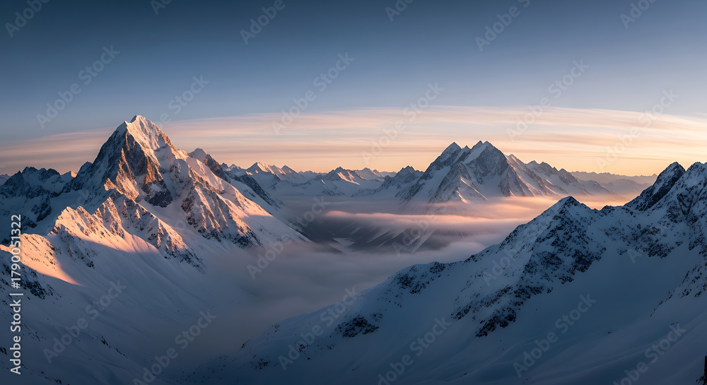 Naklejka premium Snow covered mountain peaks under a blue and orange sky at sunset, rising above valley fog