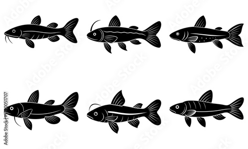 Striking black and white graphic of Corydoras catfish swimming in formation, originally a scalable vector for flexible design projects, ideal for educational materials