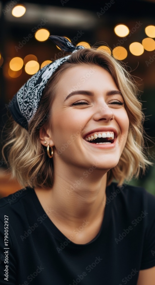 Fototapeta premium Woman with short hair and bandana smiles joyfully against a backdrop of warm lights in an outdoor setting