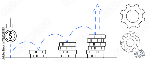 Stacked coin piles growing with arrow progression, falling coin trajectory, and gear mechanisms. Ideal for investment, savings, financial growth, productivity, strategy, economics simple flat
