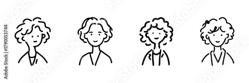 Four Diverse Female Portraits Line Icon Set In Doodle Style. Character Representation, Diversity, And Inclusivity Outline Sketch Collection. Hand Drawn Isolated Vector Illustration