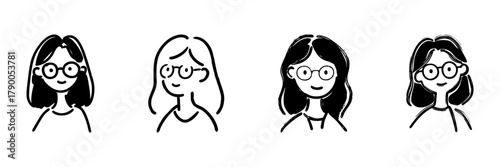 Four Female Characters With Glasses Line Icon Set In Doodle Style. Diverse Female Portraits, Cartoon Faces, And Character Design Outline Sketch Collection. Hand Drawn Isolated Vector Illustration