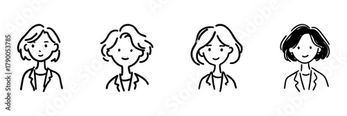 Female Professional Portrait Line Icon Set In Doodle Style. Businesswoman, Teacher, And Consultant Representation Outline Sketch Collection. Hand Drawn Isolated Vector Illustration