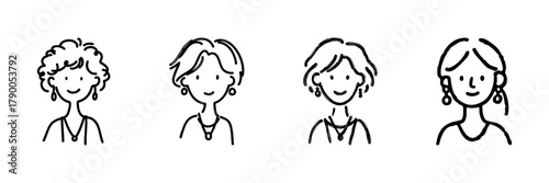 Four Female Portraits Line Icon Set In Doodle Style. Diverse Hairstyles And Accessories Outline Sketch Collection. Hand Drawn Isolated Vector Illustration
