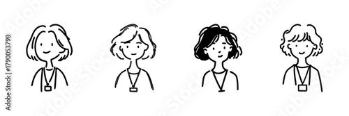 Four Female Professionals With Id Badges Line Icon Set In Doodle Style. Workplace Diversity And Team Collaboration Outline Sketch Collection. Hand Drawn Isolated Vector Illustration