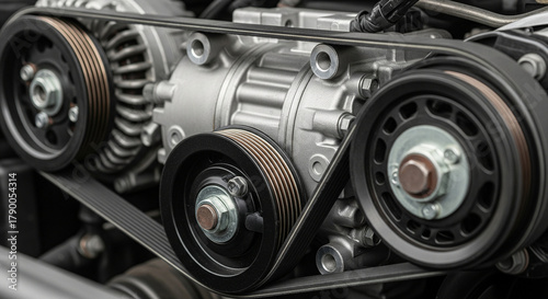 Car engine belt system with pulleys and metal components in close up view