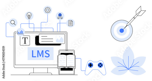 Computer with LMS interface, open book, gaming controller, target, and icons for learning and progress. Ideal for e-learning, education technology, remote training, digital courses goal achievement