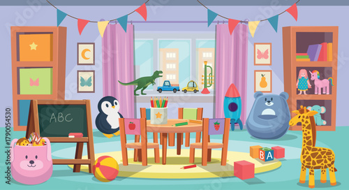 A kindergarten interior  with a round table with chairs, a board, and lots of toys. The children's room features calm pastel colors, cartoonish style.