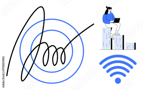 Digital signature overlaying target circles, wireless icon signifying connectivity, person working remotely on device. Ideal for technology, remote work, cybersecurity, e-signatures, digital