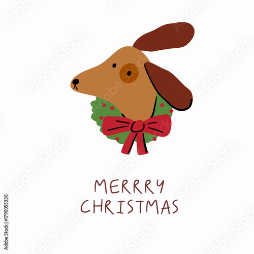Cute cartoon dogs of different breeds and Christmas decorations, candy, gifts, garlands, cookies, bone. Festive vector illustration - dog on winter holidays in flat style.