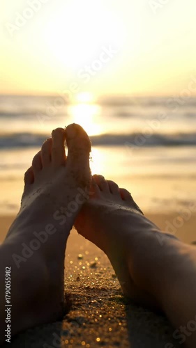 Extreme close-up bare, tanned feet wiggling in sparkling golden sand, golden hour sunset on ocean horizon with vibrant hues, concept of serene beach relaxation