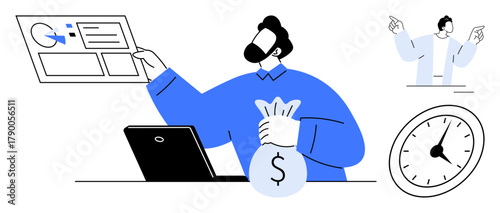 Professional reviewing analytics on report, holding money bag at desk, clock nearby. Ideal for finance, business, management, time management, decision-making success efficiency themes. Clean flat