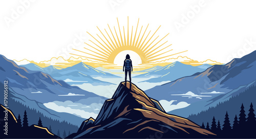 A lone figure stands atop a mountain peak, gazing at a radiant sunrise over the majestic landscape.