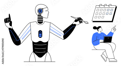 Robot multitasking with pen and gesture, human using laptop pointing to calendar. Ideal for technology, AI, automation, collaboration, innovation, productivity futuristic concepts. Simple flat
