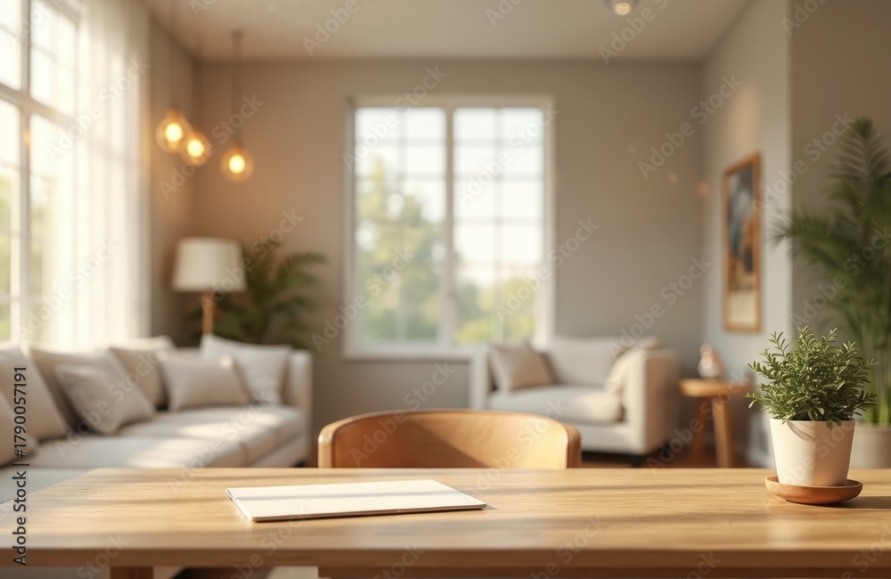 Fototapeta premium Modern home office interior with wooden desk, chair in foreground. Blurred background features cozy living room with sofa, lamp, plants. Natural light pours in through large windows. Potted plant,