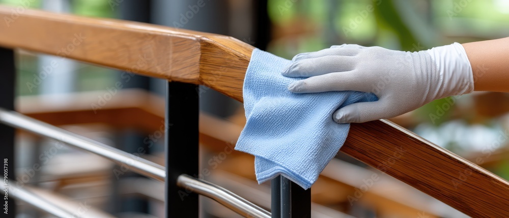 Obraz premium Clean and maintain wooden handrail with blue cloth and white gloves in modern home staircase close-up view