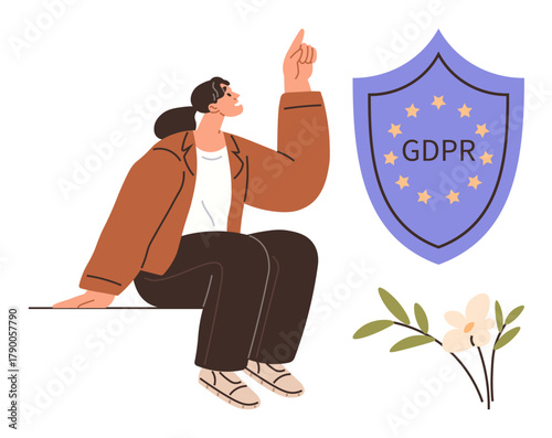 Person gestures toward GDPR shield emblem with stars signifying data privacy, trust, compliance, security, and European law. Ideal for legal services, data protection, regulations, privacy awareness