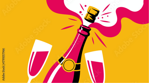 Pink champagne bottle popping with glasses against yellow festive pop art background