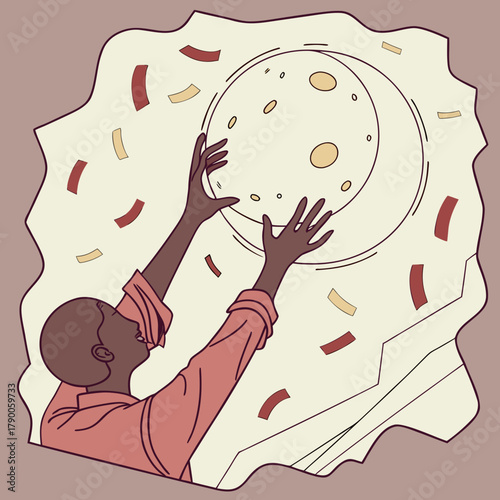 Illustration of a person reaching for a moon-like object surrounded by confetti in a stylized frame