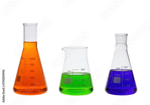 Cuadro en lienzo Isolated Erlenmeyer flasks filled with colorful solutions, science equipment for