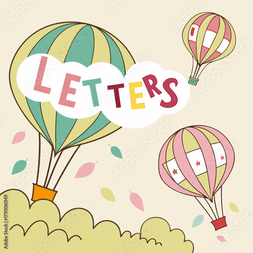 Illustration showing three hot air balloons with letters on clouds and falling leaves design art