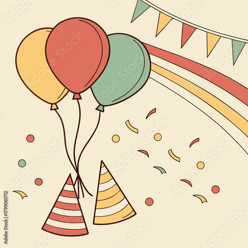 Illustration of three balloons, two party hats, confetti, and a banner on a cream background