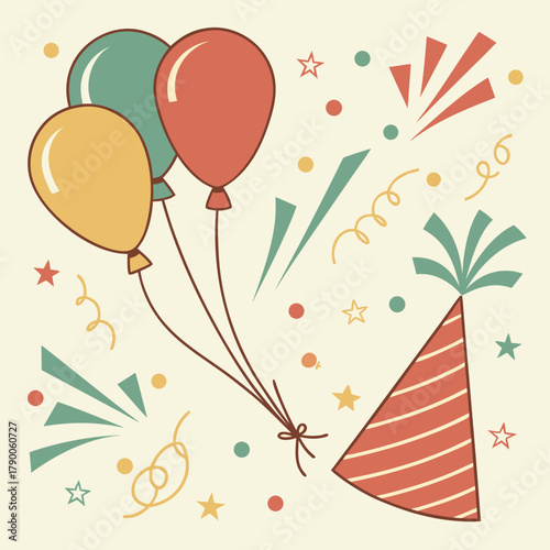 Illustration of three balloons, party hat, confetti, streamers and stars on a cream background