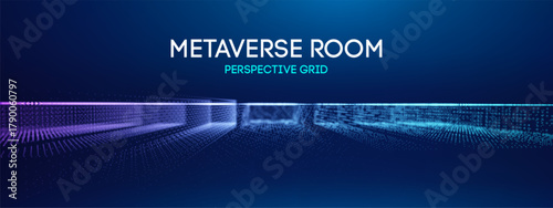 Vr blue game background with metaverse grid line and floor 3D space elements. Cube purple fisheye with vr design and blue game texture for construction room. Futuristic lattice aesthetic virtual