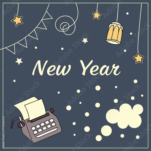 New year card with typewriter, hanging stars, banner, lantern, and dots on a dark background design