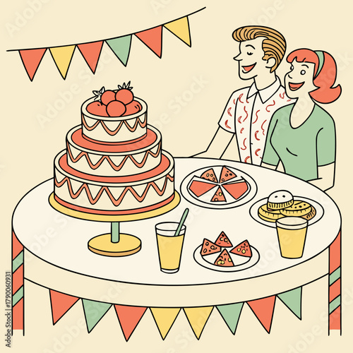 Illustration of a couple at a party with a three tiered cake, pizza, and banners hanging around them