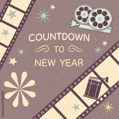 Countdown to new year celebration with film reels, stars, and decorative film strips design art