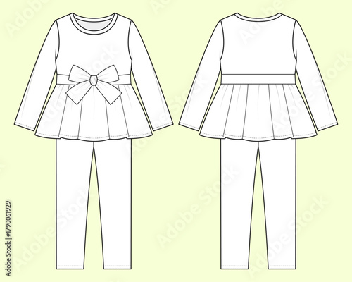 Girls Long Sleeve Peplum Top and Leggings Set Fashion Technical Flat Sketch