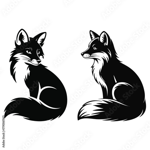 Black and White Fox Silhouettes Facing Each Other Keywords: fox, foxes, animal, wildlife