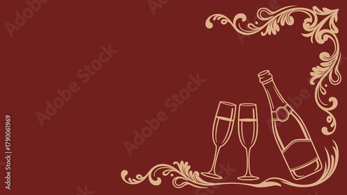 Champagne bottle and glasses with gold elegant decoration on burgundy background, empty area for text