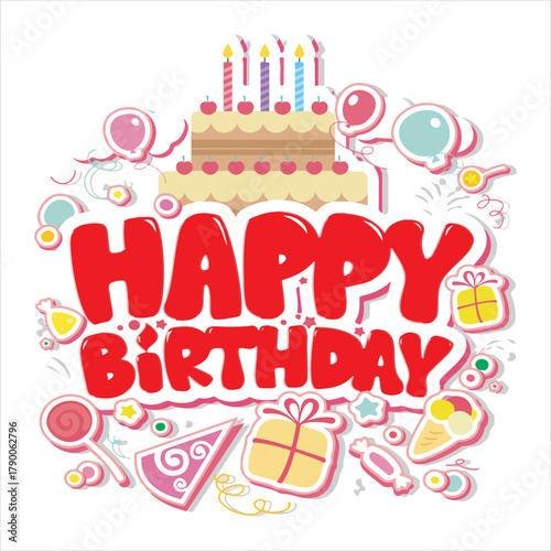 Happy birthday card with chocolate cake and colorful balloons