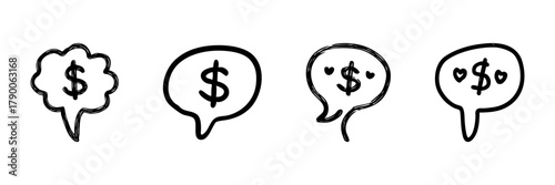 Speech Bubbles With Dollar Signs Line Icon Set In Doodle Style. Financial Communication, Money Talk, And Economic Discussion Outline Sketch Collection. Hand Drawn Isolated Vector Illustration