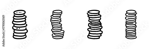Stacked Coins Line Icon Set In Doodle Style. Financial Growth, Savings, And Wealth Accumulation Outline Sketch Collection. Economic Prosperity Symbols. Hand Drawn Isolated Vector Illustration