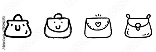 Handbag Line Icon Set In Doodle Style. Fashion Accessories And Personal Style Outline Sketch Collection. Cute And Playful Design Elements. Hand Drawn Isolated Vector Illustration