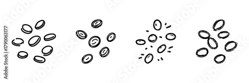 Coins Falling Line Icon Set In Doodle Style. Financial Growth, Wealth Accumulation, And Economic Prosperity Outline Sketch Collection. Hand Drawn Isolated Vector Illustration